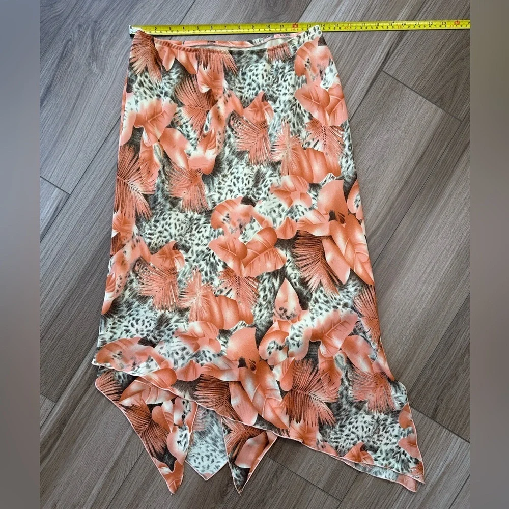 Vintage Flowy Cheetah Tropical Leaf Print Skirt Orange Cream Black - Picture 6 of 10